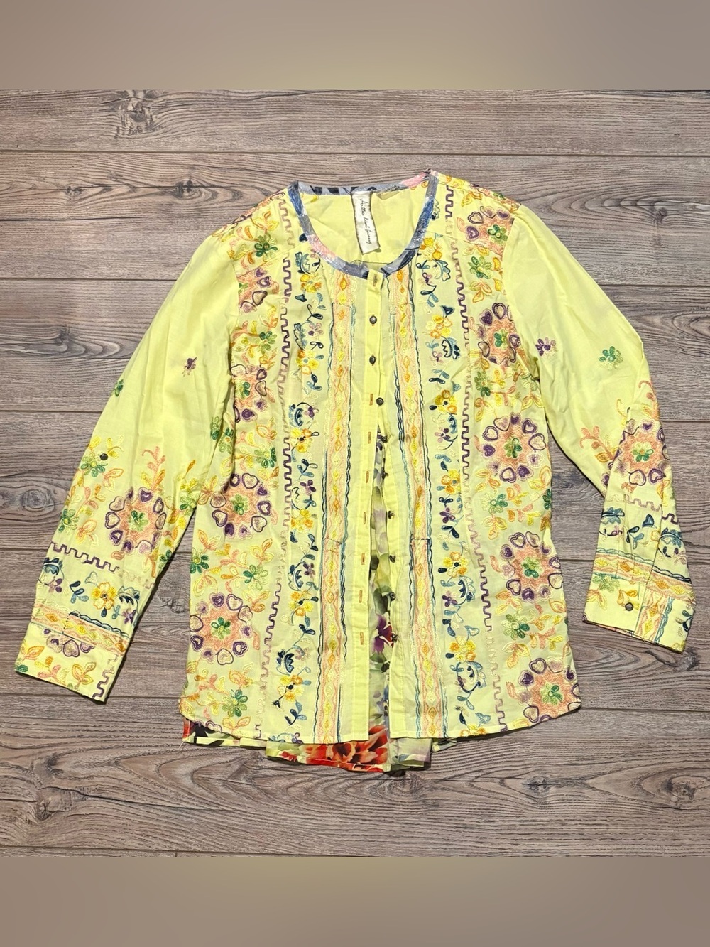 Aratta luxury embroidered yellow button up peasant medium shirt blouse top